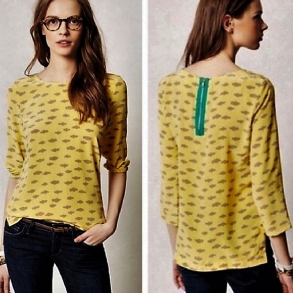 Maeve Tops - Maeve Linosa Blouse Womens Size Petite S Yellow Grey Cloud 100% Silk Whimsical